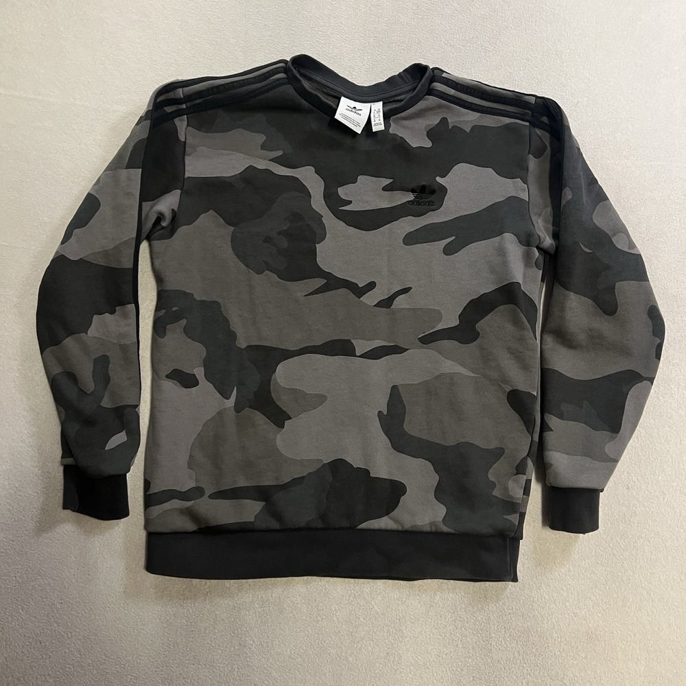 adidas Crewneck Sweatshirt Mens Medium Grey Black Camo 3-Stripe Trefoil ED6983